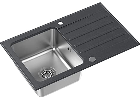 QUADRON Spülbecken Schwarz | Größe 78 x 48 cm | Edelstahlspüle KENNETH 111 Einzelbecken Küchenspüle mit Stahlkammer | Granit & Edelstahl | mit Siphon und Schraubverschluss | mit Abtropffläche