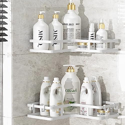 2-Pack Corner Shower Caddy, Adhesive Bathroom Corner Shelves Wall Mounted, Stainless Steel Rust Free, White Shelf With 4 Hooks No Drilling, Organiser for Bathroom Storage