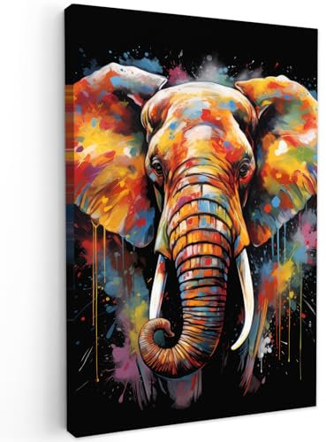 MuchoWow© Leinwand Groß 80x120 cm XXL Deko Schlafzimmer Aesthetic Leinwandbilder Wohnzimmer Gemälde Foto Geschenk Living Room Decoration Banksy - Street Pop Art - Elefant - Graffiti - Schwarz - Tiere