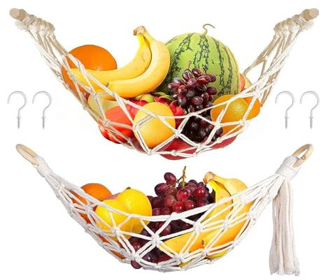 Durratou 2 x Hängematte, Makramee-Obst-Hängematte, Obst-Hängematte für Küche, unter Schrank, Bananenobst-Hängematte, wiederverwendbar, langlebig