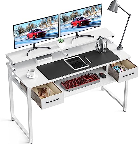 ODK Computer Desk with Drawers, 120 x 48 cm Office Desk with Keyboard Tray, Gaming Desk with Monitor Stand, White Home Office Desks for Small Spaces，PC Desks and Workstations, Easy Assembly