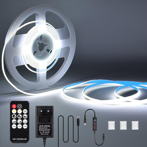 KWODE LED Strip White Light 3 m, 12 V 6000 K Dimmable COB LED Strip 3 mm Wide, 384 LEDs/M Flexible Light Strip with Power Supply and RF Remote Control for Living Room Bedroom Kitchen Decoration
