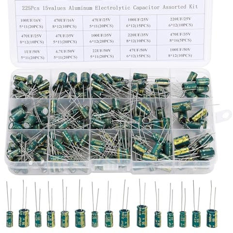 Harissess 225 Stücke 15 Wert Elektrolytkondensator Sortimentsbox Kit 16V-50V 1uF-470uF Hochfrequenz Aluminium Elektrolytkondensatoren, geeignet für industrielle elektrische und Arduino Anwendungen