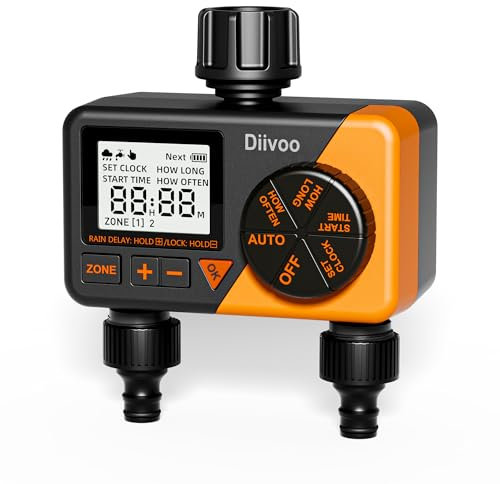 Diivoo Water Timer for Irrigation, Automatic Digital Sprinkler Hose Tap Timer 2 Outlets, Garden Watering Systems Controller With Rain Delay& Auto Manual Mode for Hose Faucet Outdoor, Lawn