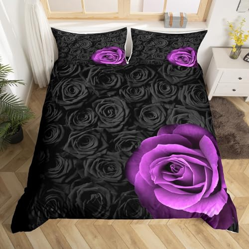 Lila Schwarz Rose Bettbezug Set S Größe,3D Natur Botanische Tröster Abdeckung Kinder Mädchen Frauen Zimmer Dekor,Romantische Valentinstag Bettwäsche Set Liebhaber Paar Quilt Cover,1 Kissenbezug