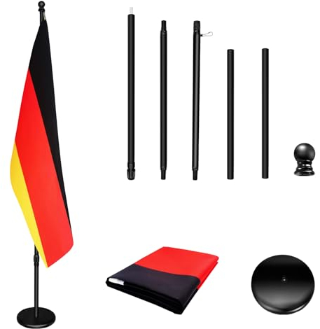 Asta per bandiera da interni con base, 200 cm-252 cm sollevata e abbassata per regolare l'altezza, la base aggiunge peso, aste girevoli a 360 gradi, bandiera della Germania 90 x 150 cm. Adatto per