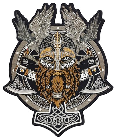 ATHIPATCHES Viking Warrior Thor Hammer Twin Axes Ravens Embroidered Biker Back Patch Large for Motorcycle Jacket & Vest Gray, White, Black, Brown