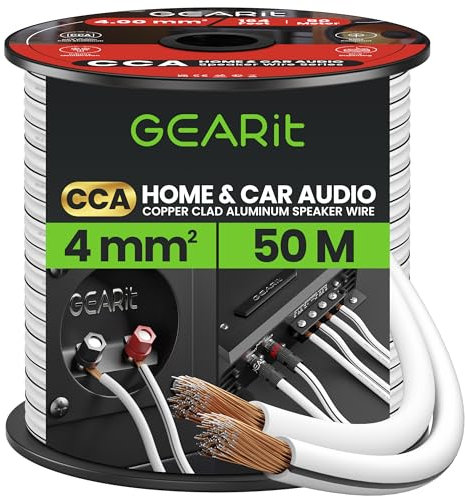 GEARit 12 Gauge 2x4mm² Speaker Cable CCA Wire (50m - White) Copper Clad Aluminum - Great for Hi-Fi Home Theater and Car Speakers - 12awg