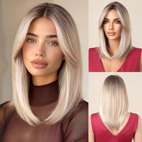 Esmee Kurzer Gerader Blonder Bob Perücken mit Vorhang Pony Schulterlänge Natürliche Perücke Synthetische Cosplay Perücken für Frauen