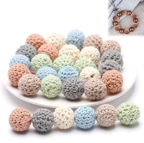 30 Stück Gehäkelt Holzperlen, 16mm Holz Perlen Gehäkelt bunte mit Loch zum Auffädeln, mehrfarbige gehäkelte Holzperlen, Gehäkelt Holzperlen Crocheted Wooden Beads Handgefertigt Natur Holzkugeln
