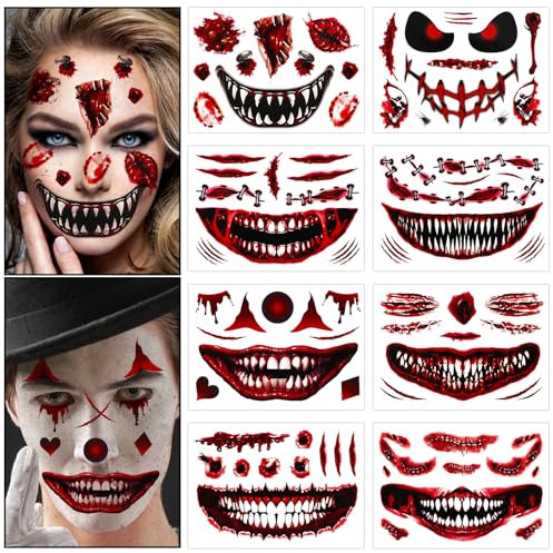 DPKOW Halloween Zombie Temporary Tattoos, Horror Halloween Face Tattoos Scar Mouth Skeleton Temporary Tattoos Halloween Make Up Kits Adults Halloween Face Stickers Skeleton Scar Tattoos, 6 Sheets