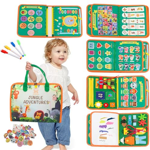 Busy Board Englische Montessori Spielzeug ab 1 2 3 Jahre, Dschungelabenteuer Montessori Board, Nteraktives Activity Board Spielzeug für Kleinkinder, Lernaktivitäten Entwickelnde Sensorische Board