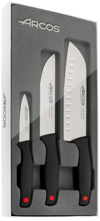 Arcos Serie Monaco - Set de Cuchillos de Cocina 3 piezas (Mondador + Cocina + Santoku) - Hoja de Acero Inoxidable NITRUM - Mango de Polipropileno Color Negro