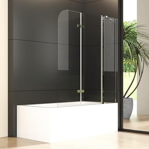 Goezes Duschwand für Badewanne 150x140cm 3-teilig Faltbar Duschtrennwand | Badewannenaufsatz mit festem Segment, Duschabtrennung aus 6mm Nano ESG Glas, 150cm Breit Silber Badewannenfaltwand