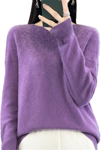 Maglione da donna a maniche lunghe con scollo rotondo, 100% lana merino, tinta unita, Viola scuro, L