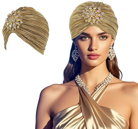 Lufdegim Turban Damen Hut mit Abnehmbarer Kristall Brosche 1920s Fasching Hut Damen Vintage Turban Elastische Kopf Wraps Gatsby Kostüm Accessoires (Gold)