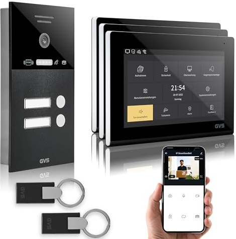 GVS Video Türsprechanlage 2-Familienhaus - RFID, 3x7 Zoll Monitor | Smarte Video Türklingel mit Kamera und Monitor & App - Gegensprechanlage mit Türöffner & RFID (AVS4289U)