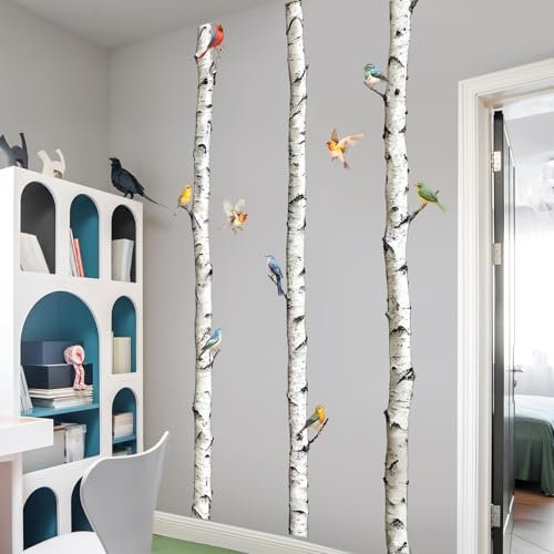 Supzone Wandtattoo Hohe Birkenbäume 240cm, Wandaufkleber 3 weiße Espenbäume Vögel Selbstklebende Wandsticker Birkenstamm für Wohnzimmer Schlafzimmer Sofa TV Hintergrund Wanddeko