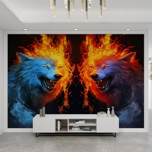 QDJKBL Cartoon Flaming Wolf Wall Murals Cool Animal Mens Bedroom 3D Wallpaper Mural Wall Stickers Decals Beautiful and Long-Lasting for Living Room Home Decoration - 350 x 256 cm