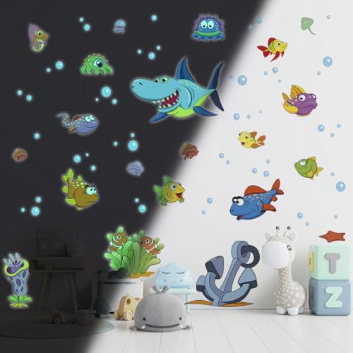Ambiance Sticker Leuchtender Wandaufkleber für Decke, Kinder, fluoreszierend, Meeresfische und Hai – H40 x 25 cm