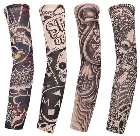 4 Manchons Tatouage Temporaire pour Hommes & Femmes - Faux Tatouage Bras Manches UV Protection - Pour Sport, Cosplay, Fêtes - Couvre-Tatouage Nylon Lavable,B