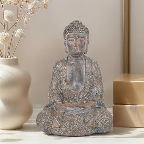 Buddha Statue Hand Carved Resin 15x12x23cm - Small Outdoor/Indoor Garden Decor for Meditation & Feng Shui (Antique Finish)