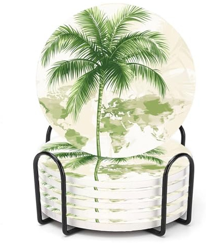 ubcindy Green Tropical Palm Tree on Old World Map Coasters for Drinks Set of 6, Round Absorbent Ceramic Coaster with Metal Holder, Coasters with Cork Base for Coffee Table, Party, Kitchen, Gifts