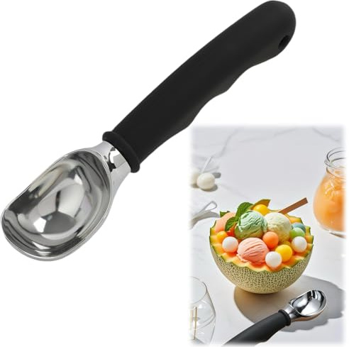 Ice Cream Scoop, Dishwasher Safe Stainless Steel Ice Cream Spoon for Hard Ice Cream with Comfortable Grip Handle, Black, Durable Design for Perfect Scoops