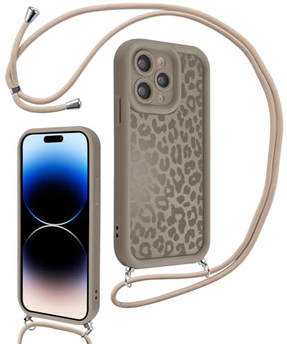 Xylota Handyband für iPhone 14 Pro Hülle mit Band, Silikon Aesthetic Leopard Muster Design Handyhülle mit Kette Kordel Schlüsselband, Mädchen Schutzhülle für iPhone 14 Pro 6,1'' zum Umhängen, Braun