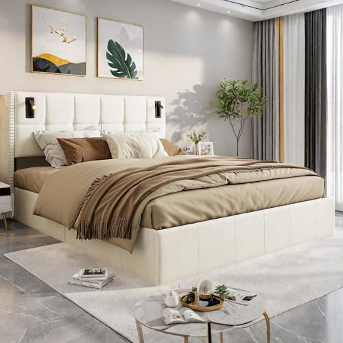SHAODENG Polsterbett Doppelbett 160x200cm, Boxspringbett mit hydraulisches Bettkasten, Jugendbett Kopfteil mit Leselicht, Bettgestell mit Lattenrost, Beige, Samt, Ohne Matratze