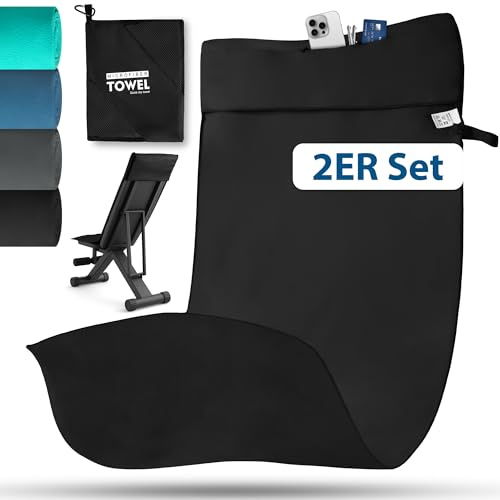 Novent Fitness Handtuch aus Mikrofaser 2er Set, 120x50cm Gym Handtuch mit Reißverschluss Tasche, Kompakt, rutschfest & Schnelltrocknend Sporthandtuch Fitnessstudio für Sport, Reise (Schwarz)