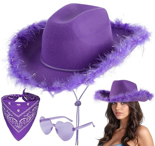 Aomig CowboyHut Damen Herren Fashion Westernhut Cowboyhüte Cowgrilhut-A | Rockstar Randlose Hippie Herzförmige Brille Halstuch Wilder Westen Party Geburtstagsfeier Fasching Karneval Kostüm Party