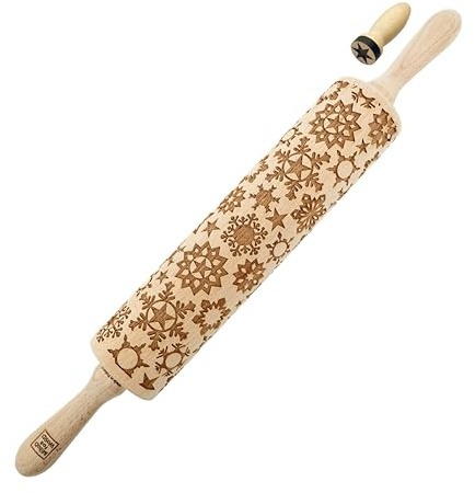 MoodForWood Teigroller aus Holz, Gravierte Holzrolle 43 cm, mit Griffen & Stempel, Roller mit Muster für Teig, Kuchen & Backwaren, Nudelholz für Müheloses Ausrollen, Ø 6 cm, Schneeflocken