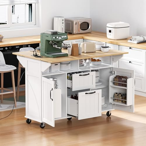 VIVCA Isla de cocina con ruedas, mesa de comedor extensible, isla de cocina móvil con cajones y toallero, carrito de cocina móvil con regletas, ideal para cocina y comedor (blanco)