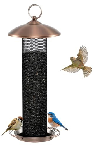 GOPLUS Comedero para Pájaros, Alimentador de 3 Capas con Techo Protector y Bandeja para Comida, Dispensador de Comida Metálico de 37 cm Resistente a la Intemperie, Estación Colgante para Aves