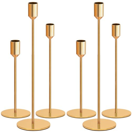 ZPQAODI Kerzenständer 6 Set, Gold Metall Kerzenhalter, 34/28/24cm Stabkerze Hoch Kerze Stand, Vintage Kerzen Ständer für Kerzenständer Dekorationen für Valentinstag Weihnachten Hochzeit Esszimmer
