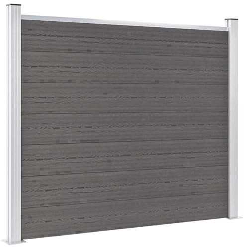 Foknhdi Zaunelement 180x146 cm Anthrazit WPC Gartenzaun mit Holzoptik, Aluminium-Profil & Stahlfüßen, modular erweiterbar, wetterbeständiger Maschendrahtzaun für Terrasse, Garten und Hof