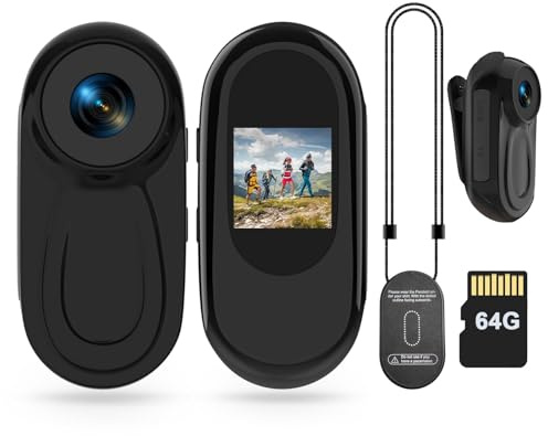 Minicámara corporal HD 1080P, cámara de acción para el pulgar, cámara corporal portátil con tarjeta de 64 GB, visión nocturna, pantalla de 0.9 pies, colgante magnético, cámara POV, cámara de bolsillo