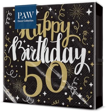 PAW Servietten 33 x 33 cm, 20 Stück - Goldener Geburtstag 50 | Dreilagig, saugstark und reißfest, festliche Tischdeko zum Jubiläum und Ehrentag, für eine gelungene Feier