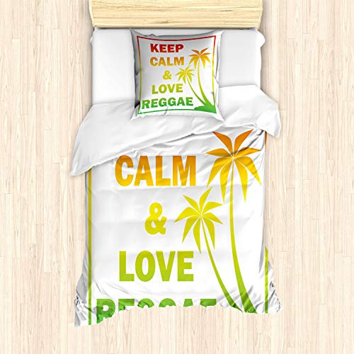 ABAKUHAUS Rasta Bettbezug Set für Einzelbetten, Halten Sie Ruhe Wörter Reggae, Milbensicher Allergiker geeignet mit Kissenbezug, Grün Gelb