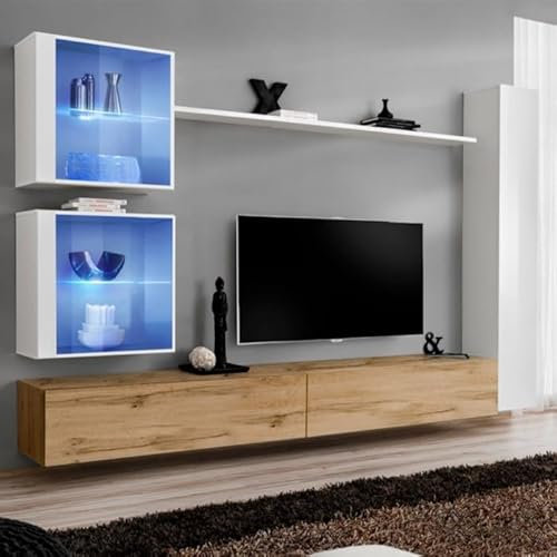 Paris Prix Meuble TV Mural Design Switch XVIII 280cm Naturel & Blanc