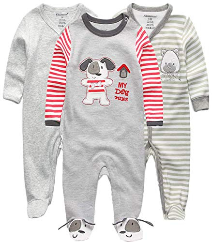 Kiddiezoom Grenouillère à manches longues en coton pour bébé garçon, coupe ajustée, recouvre les pieds, 3-6 Months