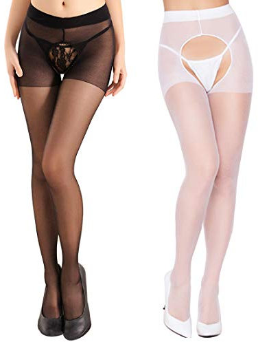 AISOO Femme Sexy Collants ouvert Tissés Fishnet Elégant Confortable Transparent Raffiné Taille Unique Collant Ouvert 4 paires Femme Sexy 15 Den Bas Pour Porte-Jarretelles Trou Entrejambe (NOIR +BLANC)