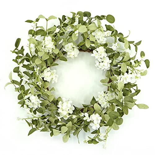 WreathDream 20 inches Artificial Spring Hydrangea Wreath with Green Eucalyptus Leaves and White Hydrangea for Front Door Indoor Outdoor Farmhouse Wall Holiday Decor, White Gift Box Included