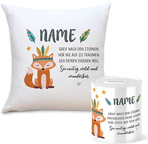 OWLBOOK Boho Fuchs Geschenkset Kinder Spardose und Kissen Personalisiert mit Namen Geschenke Geschenkideen für Kinder Baby Junge Mädchen zum Geburtstag Weihnachten Einschulung Taufe Geburt