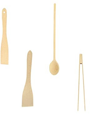 Fackelmann 9990550 Ensemble de 4 ustensiles en Bois, spatules, Pince à toasts, cuillère Ronde, Bois, De 30 à 40cm