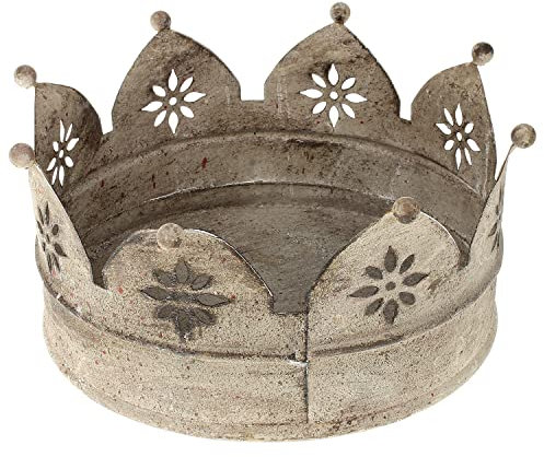MACOSA EX218929 Blumenkrone Vintage-Stil Antik Grau Metall Ø21 cm Deko-Krone Shabby Chic nostalgisch Garten-Dekoration Gartenkrone Metallkrone Pflanzkrone