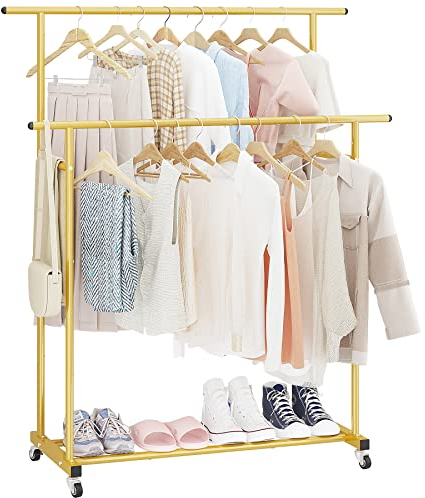 Calmootey Portant à vêtements à double tringle, porte-vêtements à roulettes, organiseur de vêtements portable pour chambre à coucher, salon, magasin de vêtements, doré