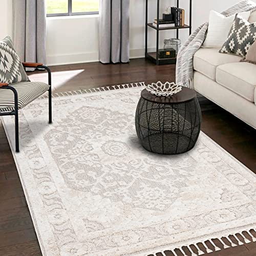 payé Teppich Wohnzimmer - Ornamente Bordüre - 120x170cm Creme - Fransen Deko Boho Flauschig - Cut & Loop Sisal - Schlafzimmer Flur Dekoration Läufer - Hochtief Effekt
