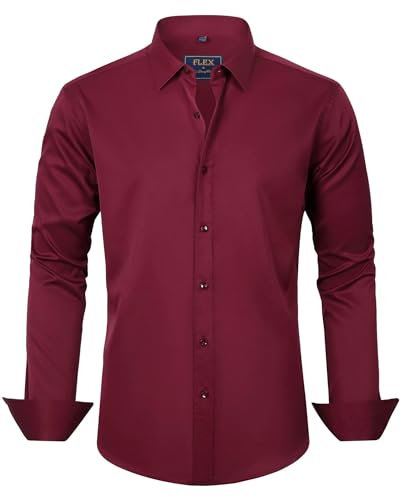 J.VER Herren Hemd Regular Fit Businesshemd Unifarben Stretch Freizeithemd Faltenfrei GeschäFtsleute Shirt Klassische Alltag Oberhemden,Bordeaux,XL